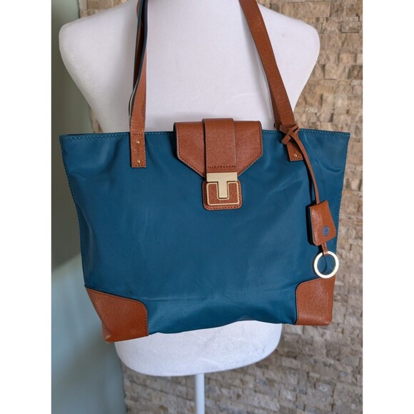 Tory Burch Penn Nylon Faux Leather 14" Tote Shoulder Bag Teal Brown GUC - Picture 7 of 16